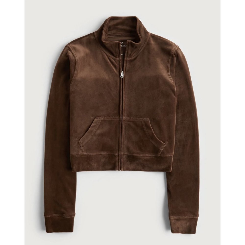 NWT HOLLISTER CROP VELOUR FULL-ZIP SWEATSHIRT SIZE L Color Dark‎ Brown